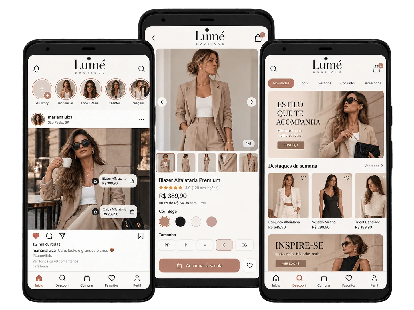 Telas de loja virtual de moda em formato de rede social