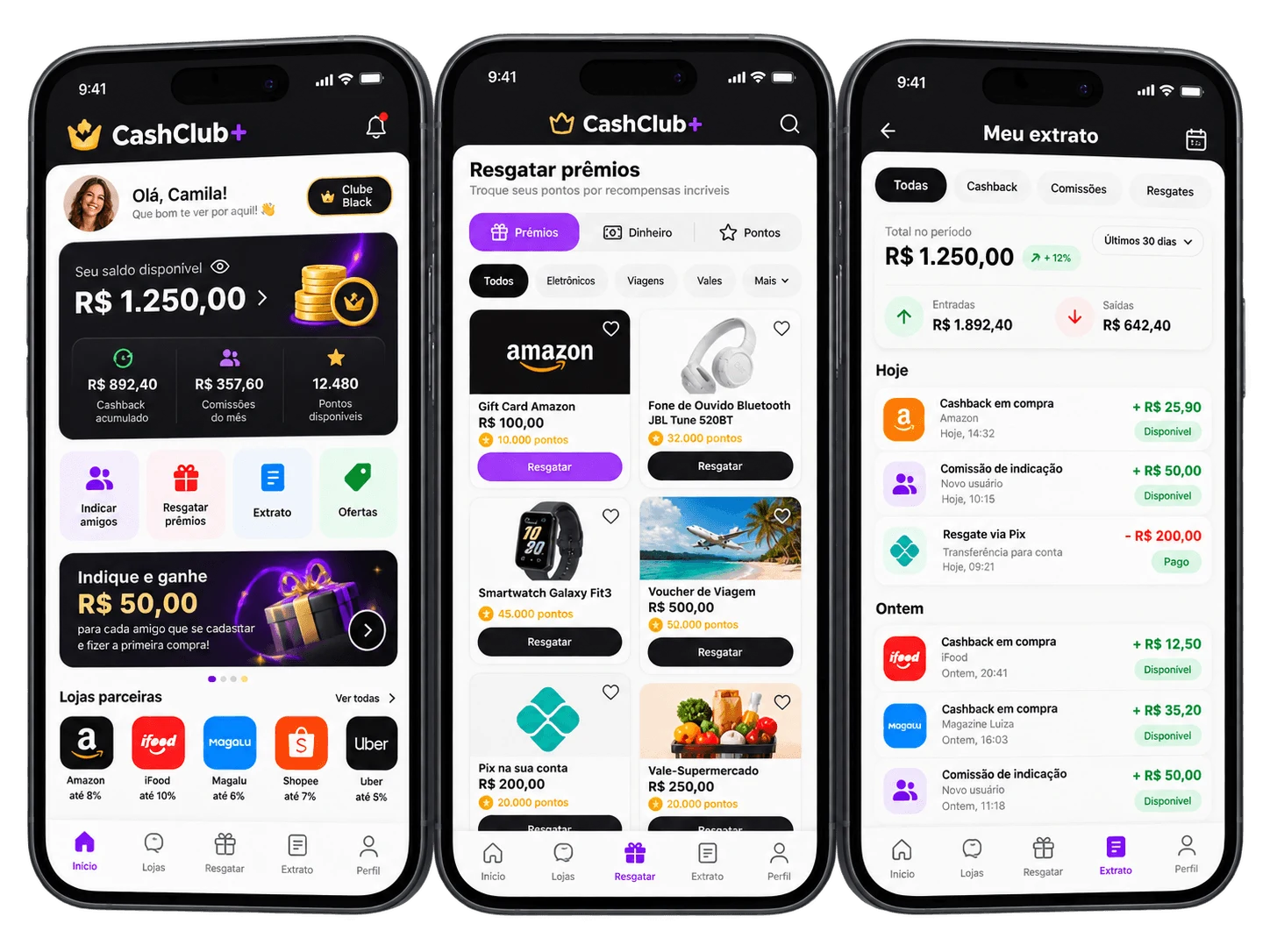 Telas de aplicativo de cashback, pontos e benefícios