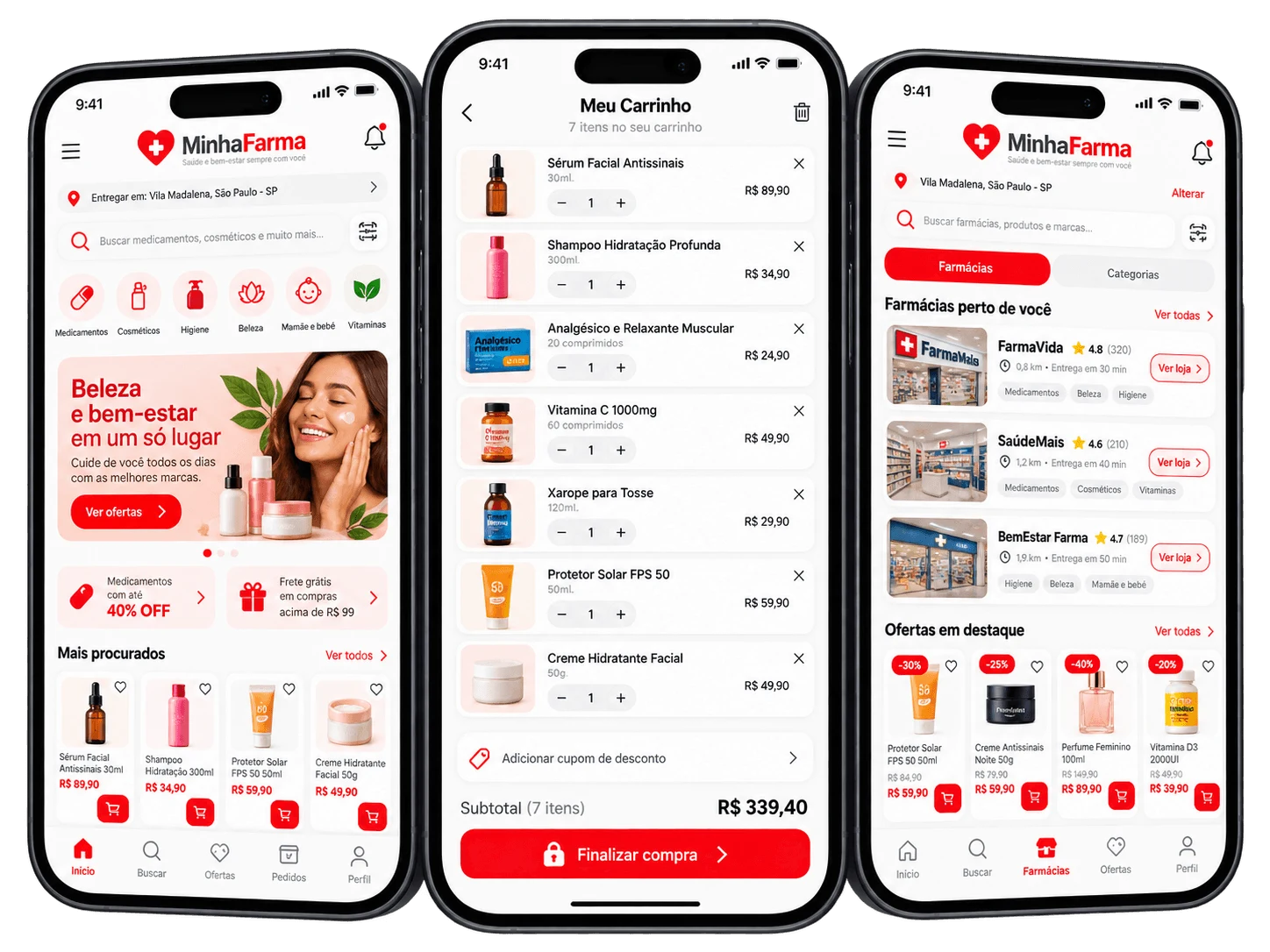 Telas de aplicativo de marketplace de farmácias