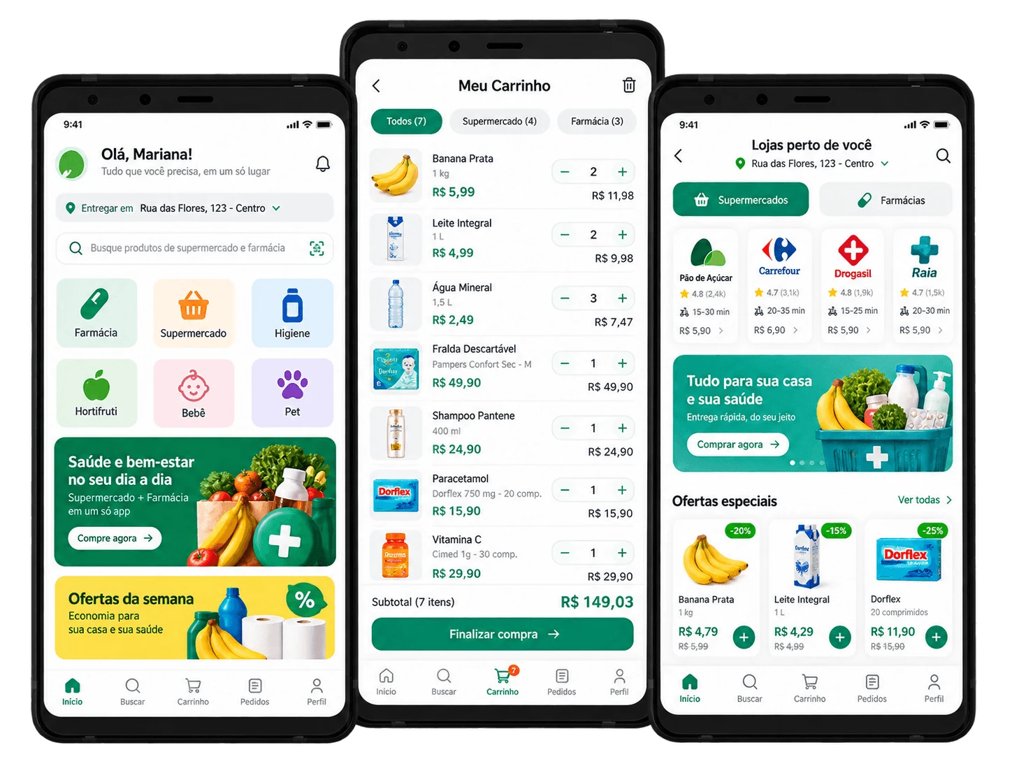 Telas de aplicativo de supermercado e farmácia online