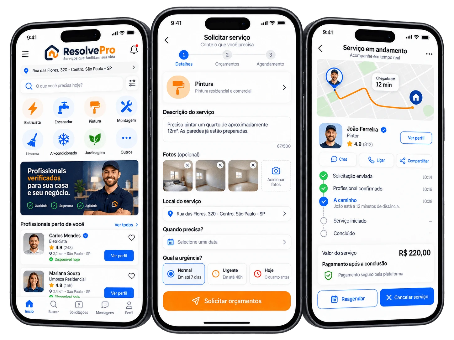 Telas de aplicativo que conecta prestadores e clientes