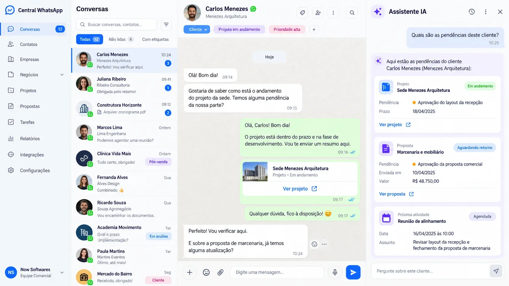 Central de WhatsApp com IA: tela de conversas e ações