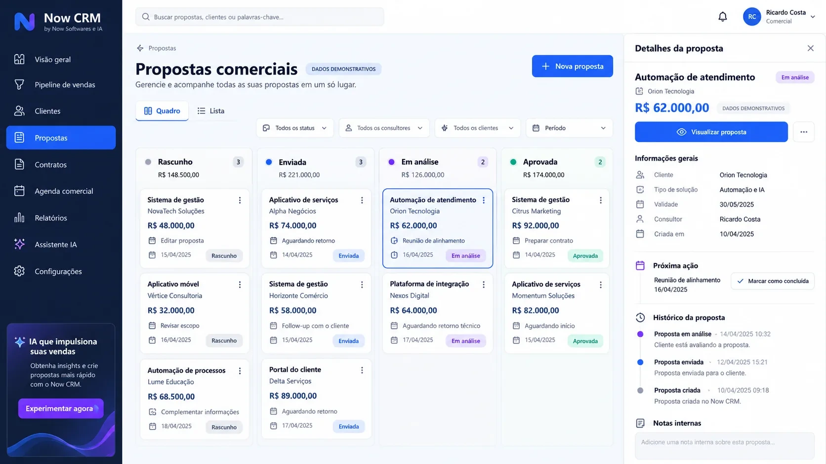 CRM comercial com IA: tela de propostas