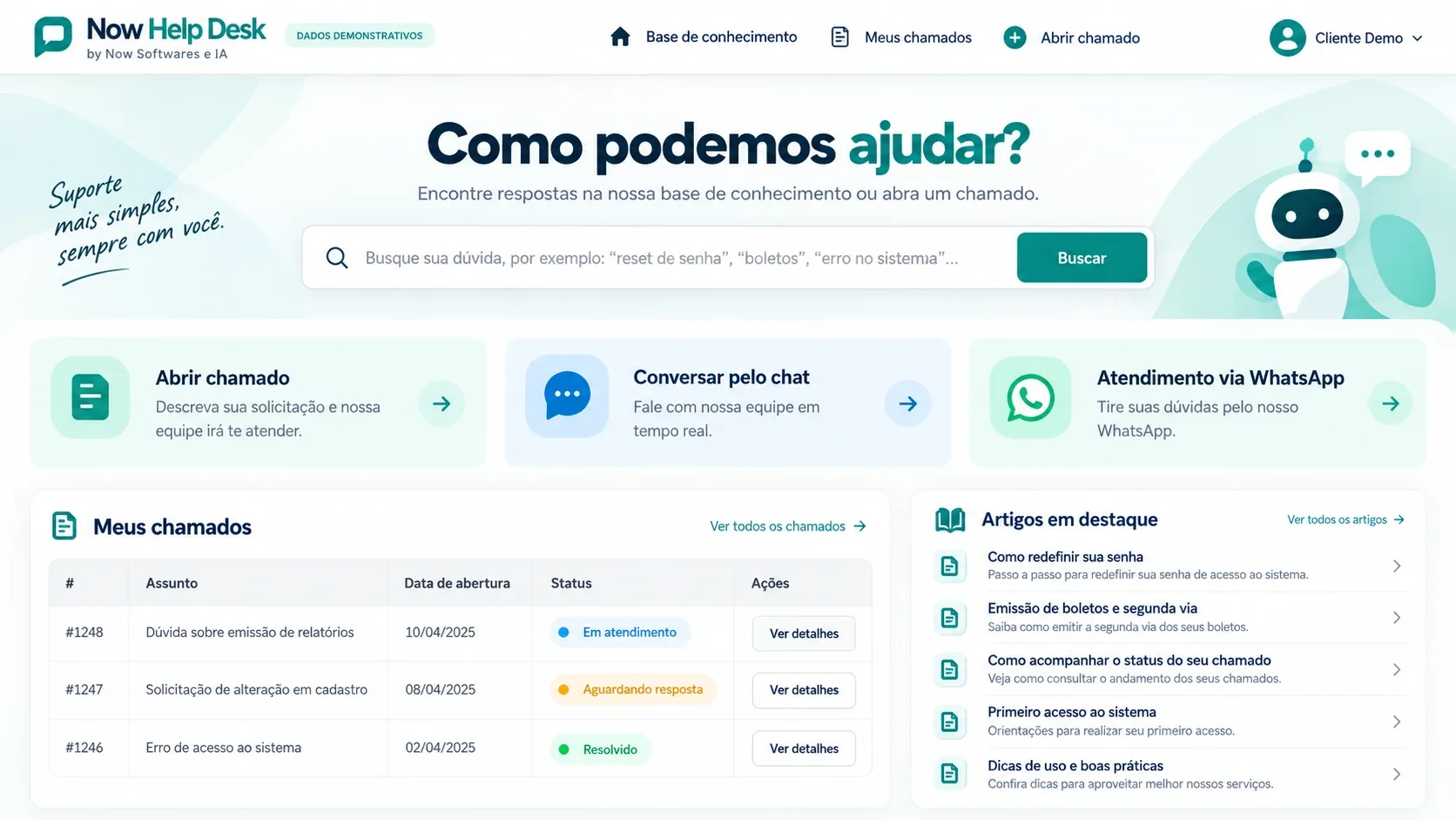 Help desk com IA: tela de portal do cliente