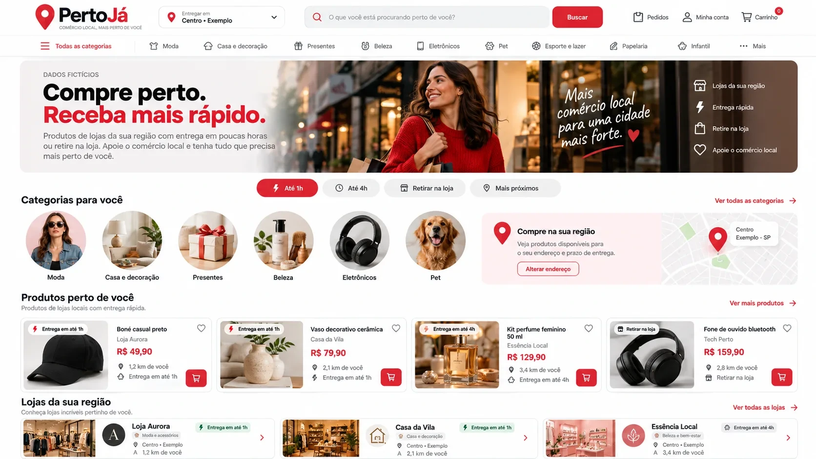 Marketplace de lojas locais: tela de página inicial