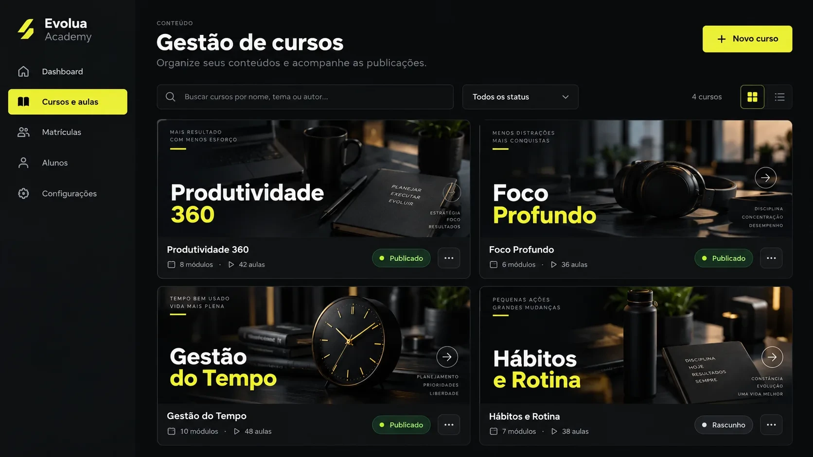 Plataforma Educacional (EAD): tela de gestão de cursos