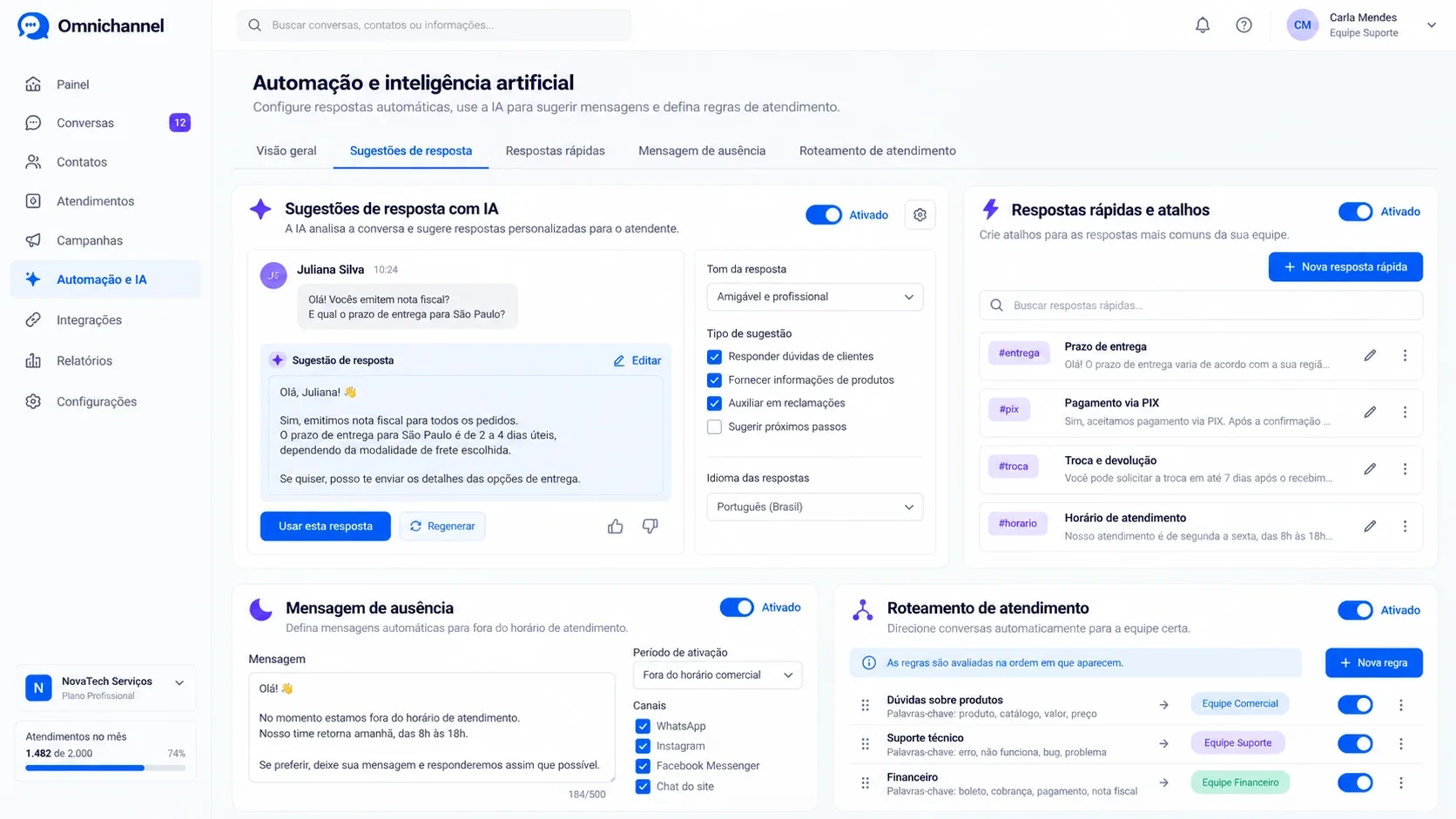 Plataforma omnichannel com IA: tela de automação e ia