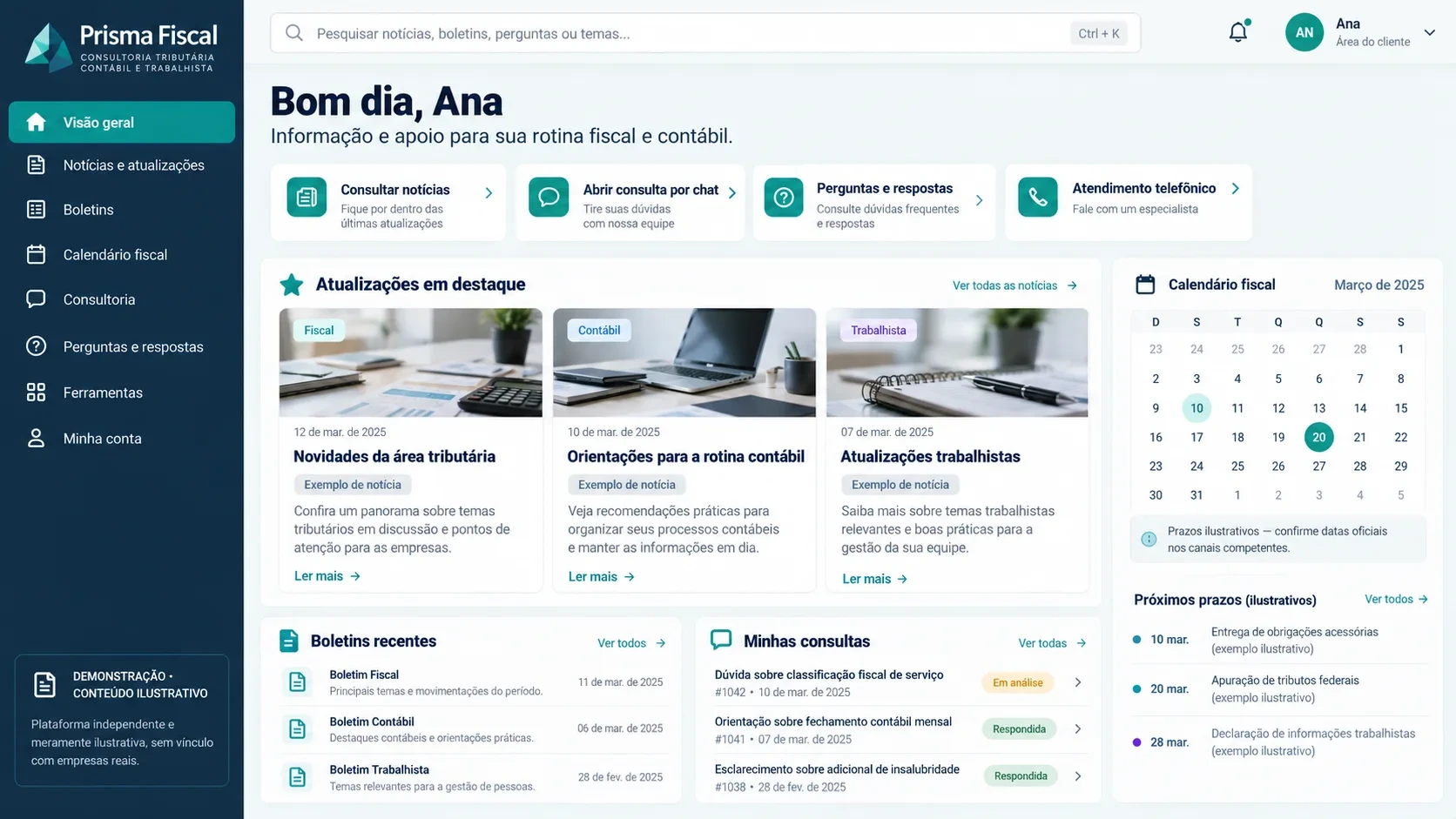 Portal de consultoria fiscal: tela de área do assinante